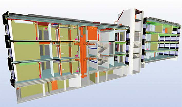 Rys. 1. Cyfrowy model budynku Power House Kjørbo opracowany przy użyciu skanowania laserowego [źródło: SKANSKA, Powerhouse Kjørbo, Norway CS121: 2014]