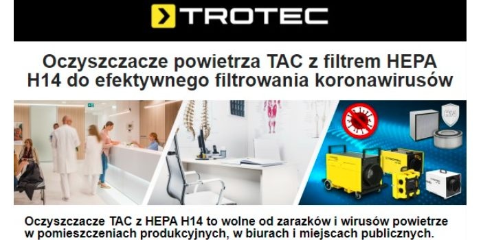 Oczyszczacze powietrza TAC z filtrem HEPA H14 do efektywnego filtrowania koronawirusów
