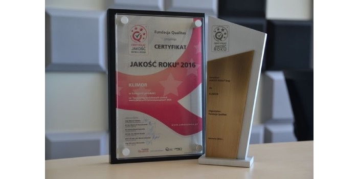 KLIMOR po raz kolejny z certyfikatem "JAKOŚĆ ROKU"