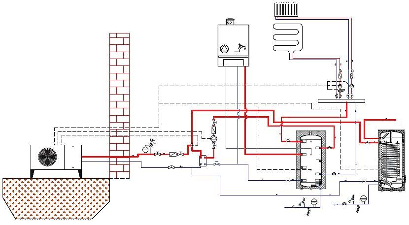 Rys. 1. Przykładowy schemat układu hybrydowego zasilanego powietrzną pompą ciepła i jednofunkcyjnym
kotłem gazowym. W instalacji zastosowano wymiennik 250 l oraz zbiornik buforowy 300 l