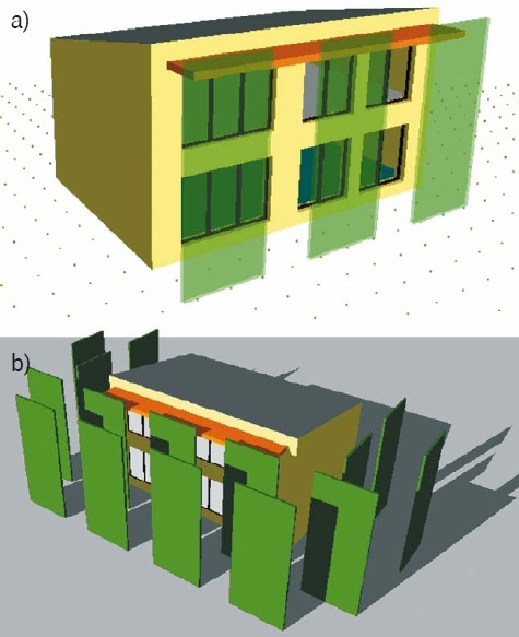 Rys. 4. Modele 3D budynku w wariantach: a) „Idealny” i b) „Las” (opis w tekście)