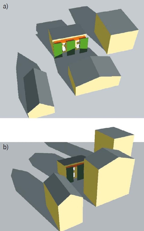 Rys. 5. Modele 3D budynku w wariantach: a) „Zacienienie” i b) „Zacienienie duże” (opis w tekście)