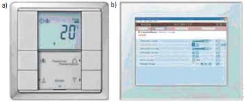 Fot. 2. Urządzenia magistralne systemu KNX/EIB:
a) przycisk P3 podtynkowy 4-klawiszowy, b) panel dotykowy
