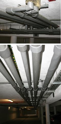 Fot. 5. Izolacja cieplna przewodów
rozprowadzających instalacji c.o i c.w.u.
poprowadzonych pod stropem garaży