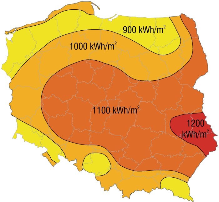 Rys. 2. Rozkład usłonecznienia na obszarze Polski [1]