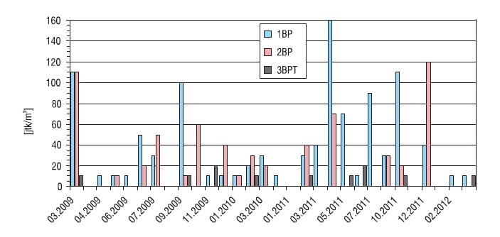 Rys. 4. Liczebność gronkowców mannitoloujemnych (M–) w budynku pasywnym (1BP, 2BP) oraz w tle badań DoPas (3BPT)