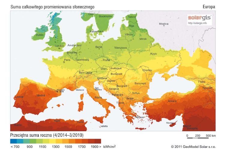 Rys. 8. Suma rocznego całkowitego promieniowania słonecznego docierającego do powierzchni poziomej w Europie [10]