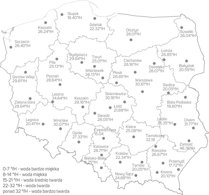 Mapa twardości wody w Polsce