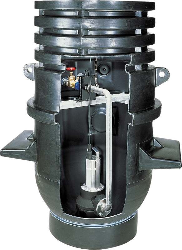 Fot. 3. Wilo-DrainLift WS 1100 – gotowa do montażu
studzienka z tworzywa sztucznego z jedną lub dwiema pompami do instalacji w gruncie z czterema dopływami, do tłoczenia ścieków zawierających fekalia lub wstępnie oczyszczonych (DN 150). Ma cztery zinteg.
