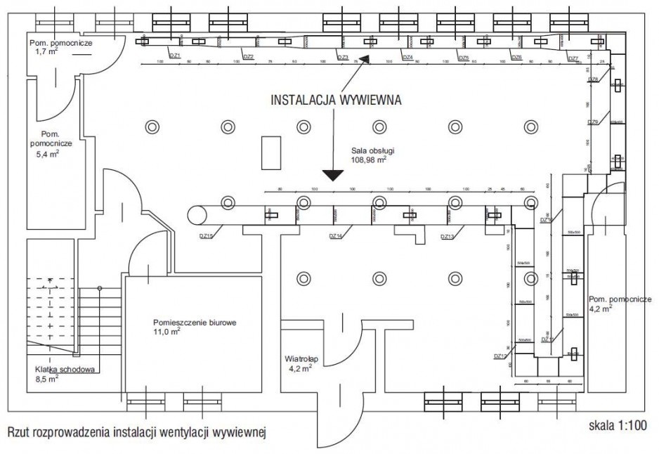 Rys. 4. Rzut instalacji wentylacyjnej i klimatyzacyjnej w sali obsługi klientów (wyk. A. Falkowska)