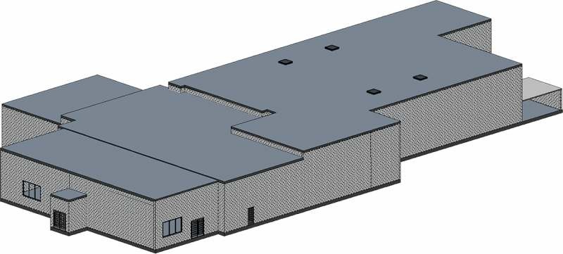 Analizowany budynek – widok 3D; rys. archiwum autorów (D. Ćwiek, K. Kowal, B. Tokarzewski i T. Kolsicki)