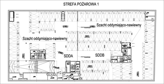 Przykład garażu o pow. ok. 2800 m 2  oraz 2,7 m wysokości. Zaproponowano wentylację strumieniową z podziałem na dwie strefy dymowe, układ rewersyjny 
z szachtami oddymiająco-nawiewnymi oddalony od bramy wjazdowej. Dodatkowa kompensacja grawitacyjna real.