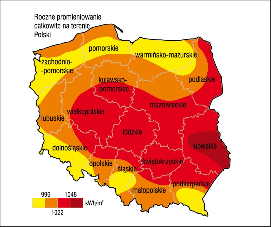 Rys. 4. Roczne wartości promieniowania całkowitego w Polsce [7, 19]