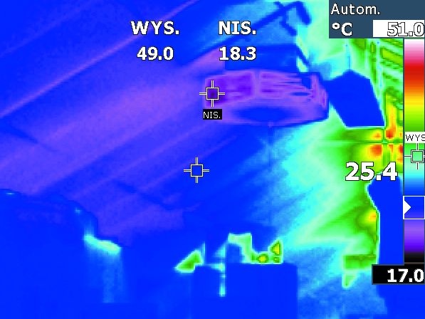 Fot. 2b. Zdjęcia termograficzne badanego urządzenia podczas upalnego dnia: temperatura nawiewu ok. 18°C przy temperaturze powietrza zewnętrznego ok. 30°C i temperaturze elementów dachu niemal 50°C