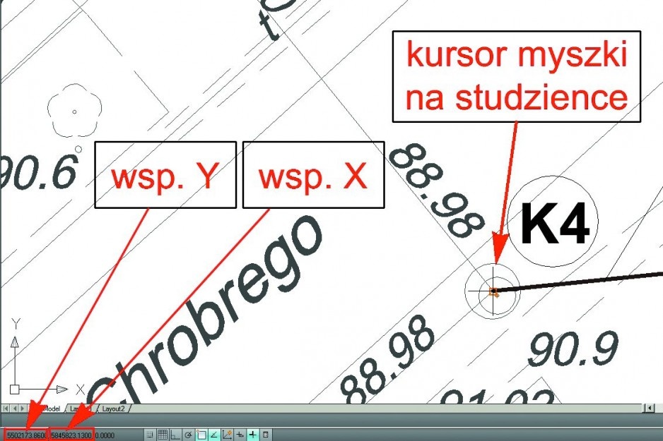 Rys. 5. Współrzędne punktów charakterystycznych
naniesione w programie AutoCAD [7]