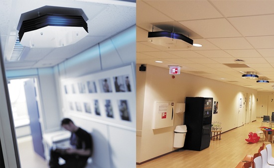 Lampy UV-C zapewniające dezynfekcję powietrza 
– w górnej części pomieszczeń