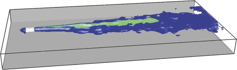 Rys. 11. Model 3, prędkość w płaszczyźnie wynikowej
poziomej przechodzącej przez środek wentylatora
strumieniowego, tj. na wysokości 3,15 m
Wykonano w programie FDS 5.5.3