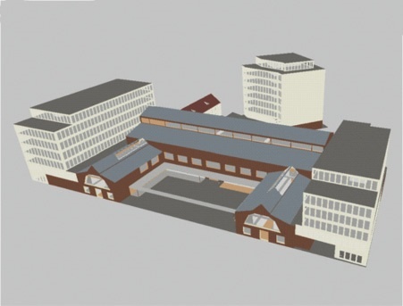 Rys. 4. Model budynku wraz z obiektami otaczającymi z programu DesignBuilder