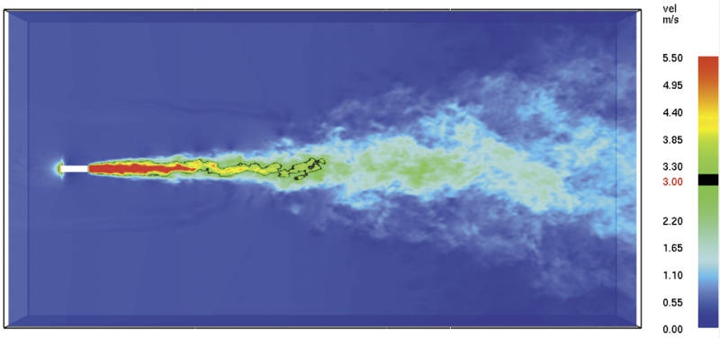 Rys. 5. Model 1, sieć obliczeniowa 0,075 m, widok
płaszczyzny wynikowej prędkości na poziomie
środka wentylatora strumieniowego w programie
FDS 6.5.3