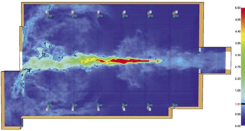 Rys. 9. Model 2, widok izopowierzchni prędkości
w programie FDS 6.5.3; kolor niebieski: 1 m/s, kolor
zielony: 2 m/s
