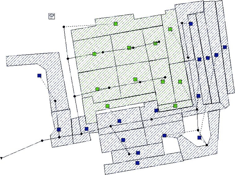 Rys. 1. Podział na powierzchnie cząstkowe (kolor zielony – dachy zielone, niebieski – pozostałe dachy, drogi)