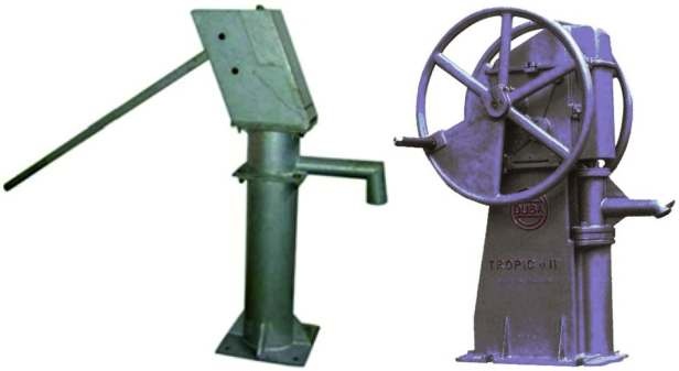 Fot. 5. po lewej: pompa India Mark II o min. wydajności
1200 l/h (przy głębokości 15–70 m) dla 8–10 godzin użytkowania dziennie [3]; po prawej: pompa Duba [4]