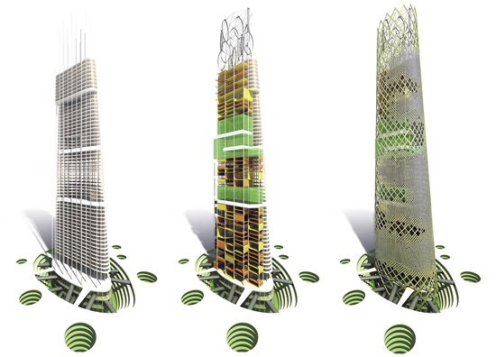 Rys. 10. Wizualizacja przedstawiająca kolejne fazy budowy HyperGreen Tower, Paryż [13]