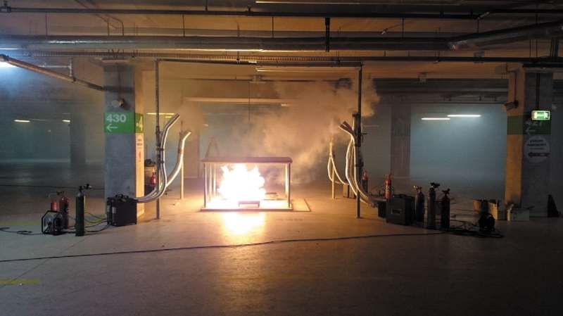 Rys. 7. Odsłonięte i dostępne źródło ciepła i dymu w trakcie testu z gorącym dymem w garażu podziemnym wyposażonym w system wentylacji pożarowej z wentylatorami strumieniowymi