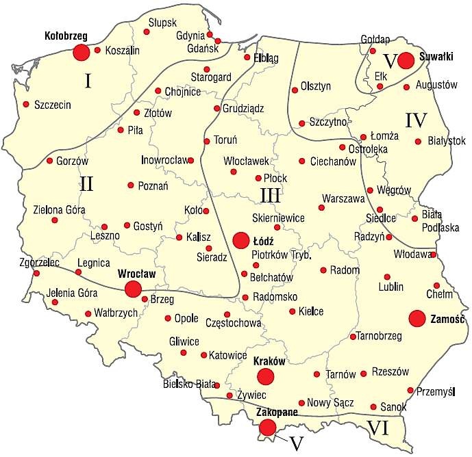 Rys. 1. Lokalizacja wybranych miast, dla których przeprowadzono analizę Lokalizacja wybranych miast