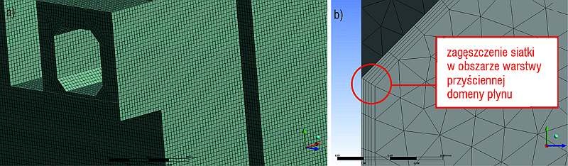 Rys. 3. a) fragmenty siatki obliczeniowej wygenerowanej dla domeny materiału wymiennika
nasadowego – widok w pobliżu wylotu spalin z wymiennika, b) warstwa przyścienna w domenie
spalin wymiennika nasadowego – przekrój poprzeczny strumienia spalin