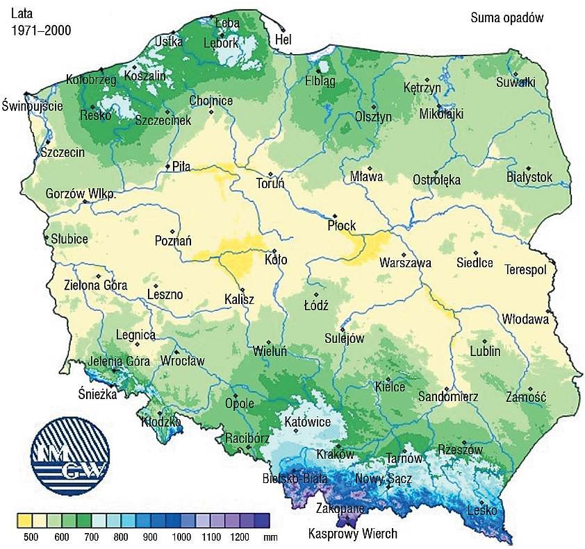 Mapa sum rocznych opadów deszczu dla Polski 