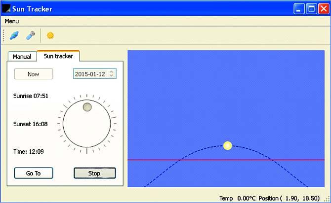 Rys. 2. Widok okna głównego oprogramowania,
traker pracuje tutaj w trybie sterownika astronomicznego, można odczytać aktualne obliczone kąty oraz obserwować ruch słońca po wyliczonej trajektorii