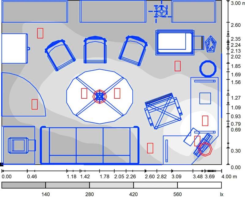 Rys. 9. Wizualizacja – mapa szarości symulowanego pomieszczenia dla optymalnej wersji układu elementów oświetleniowych