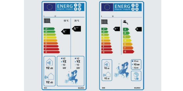 Rys. 1. Wzory etykiet energetycznych dla pomp ciepła realizujących funkcję ogrzewania&nbsp; oraz ogrzewania i przygotowania c.w.u., Rys. archiwa autor&oacute;w