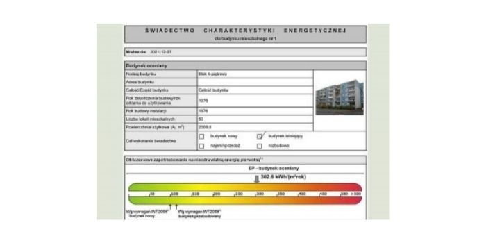 Wz&oacute;r fragmentu strony dokumentu świadectwa charakterystyki energetycznej dla budynku mieszkalnego wielorodzinnego
Rys. arch. redakcji