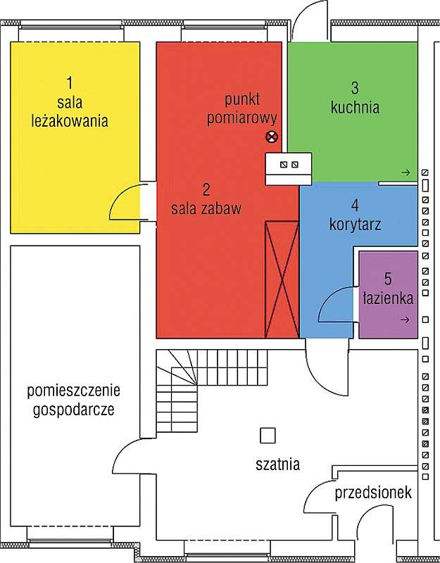  Rzut parteru z oznaczeniem funkcji pomieszczeń oraz zaznaczeniem punktu pomiarowego