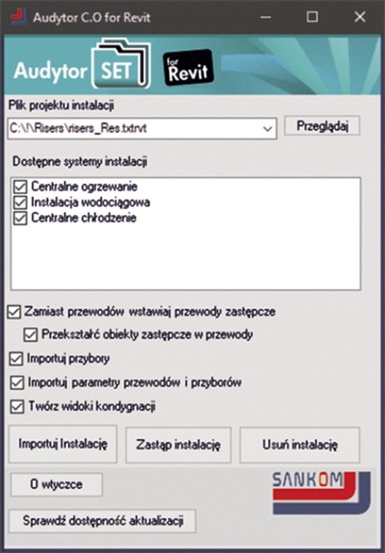 Okno wtyczki do importu instalacji