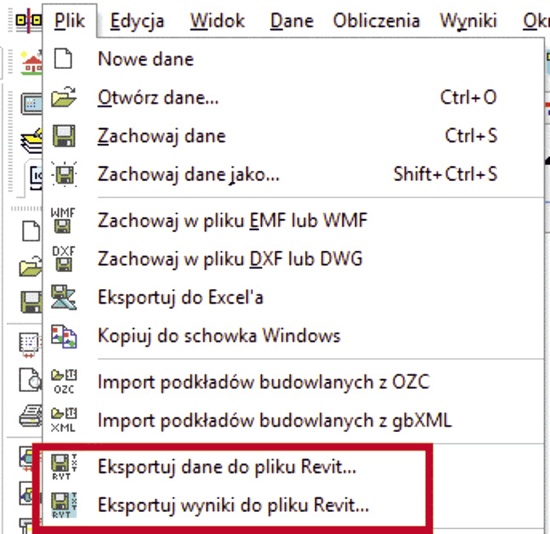 Wybranie polecenia Eksportuj dane do pliku Revit
