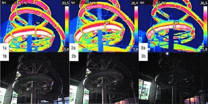 Fot. Zdjęcia zjeżdżalni wodnej w basenie krytym: (zdjęcia g&oacute;rne - termowizyjne, zdjęcia dolne - tradycyjne); po lewej: zdjęcie w czasie zjeżdżania; środkowe: bezpośrednio po zjeździe; po prawej: 30 minut po ostatnim zjeździe)
arch. autor&oacute;w