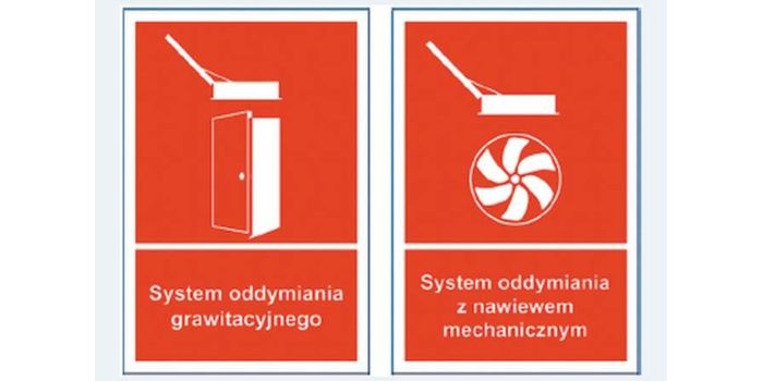 Rys. 3. Propozycja wprowadzenia konieczności stosowania przy wejściu na klatkę schodową prostych oznaczeń graficznych (piktogram&oacute;w) informujących o rodzaju zainstalowanego w budynku systemu oddymiania.
fot. archiwum autora