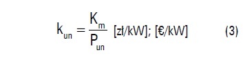 gdzie:  ε ≅ 1,1 – współczynnik strat przesyłu energii elektrycznej w sieci energetycznej; dla elektrowni i elektrociepłowni ε = 1.  Znając koszt Km każdej modernizacji, oszacowano każdorazowe jednostkowe koszty uniknięcia kun budowy nowych źródeł: