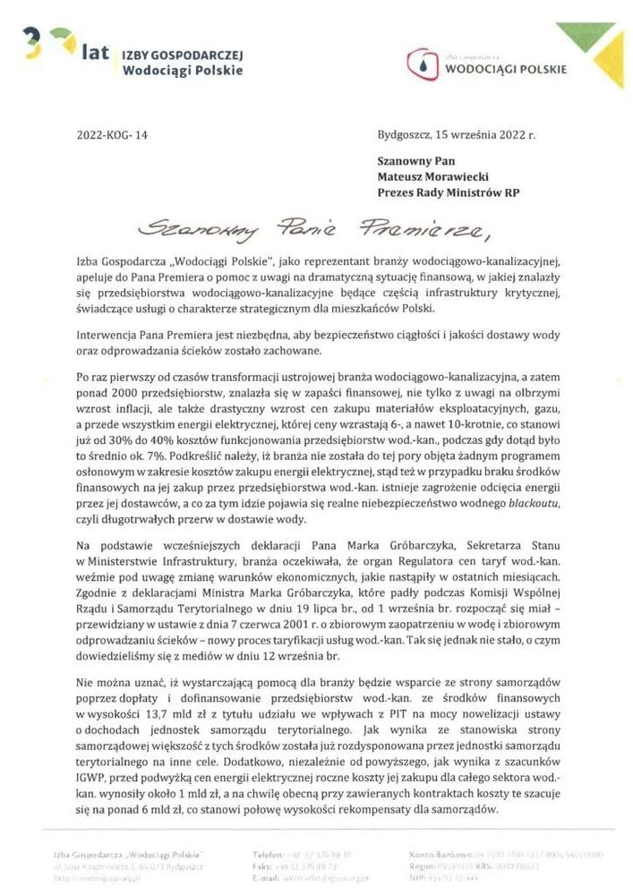 pismo do premiera wodociagi polskie