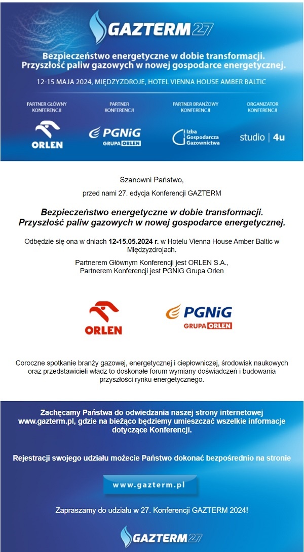 Zapraszamy do udziału w 27. Konferencji GAZTERM 2024