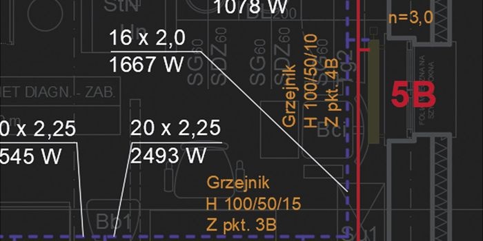 Wycinek z projektu wykonawczego instalacji centralnego ogrzewania budynku szpitalnego przemianowanego z oddziału interny na poradnie. Oprac. autora