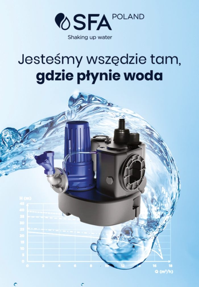 reklama Sfa Poland przedstawiająca pompę na niebieskim tle