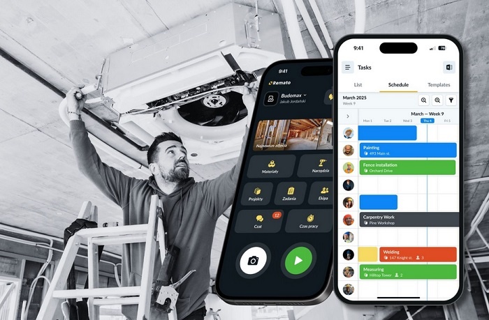 mężczyzna wykonujący instalacje i aplikacja remato w telefonie