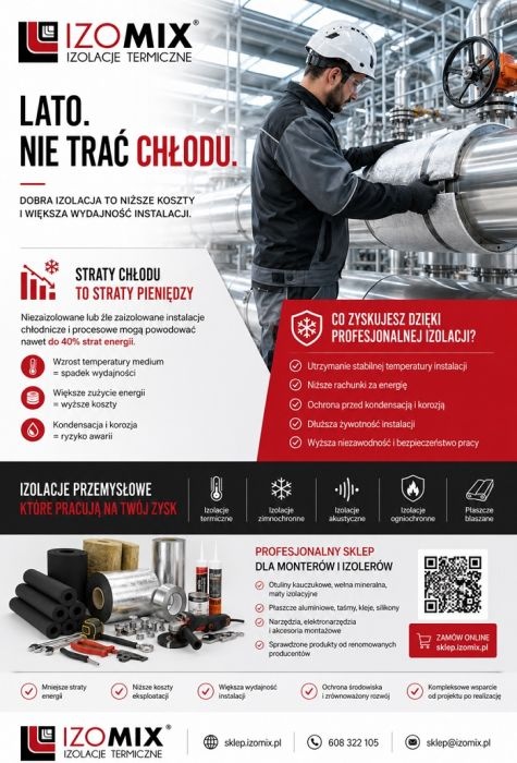 Asortyment sklepu IZOMIX i meżczyzna na reklamie