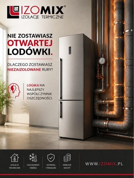 Logika izolacji – nie zostawiaj niezaizolowanych rur, tak jak nie zostawiasz otwartej lodówki przedstawiona na reklamie