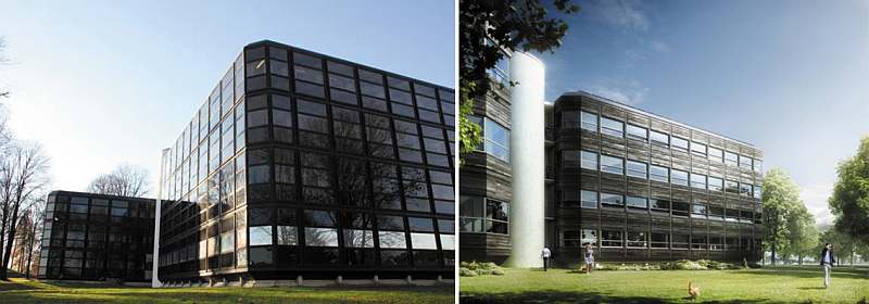 Fot. 1. Budynki biurowe Power House Kjørbo przed i po modernizacji; fot. Entra