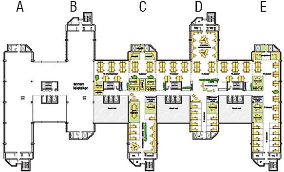 Rys. 4. Plan typowej kondygnacji kompleksu biurowego Skattedirektoratet po modernizacji [źródło: Helmen F., A building from the 80’s, rehabilitated to a green building, ENTRA, Norway]